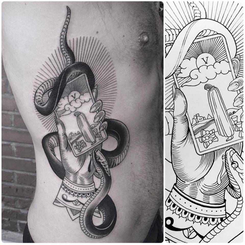 Tarot card and skeleton hand by  Iron Tiger Tattoo Studio  Facebook