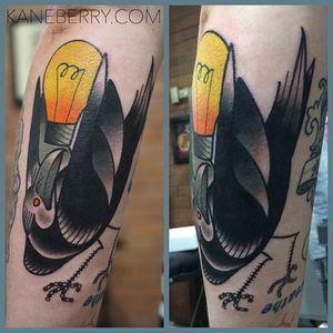 Crow and light bulb tattoo by Kane Berry. #traditional #abstract #graphic #crow #lightbulb #KaneBerry