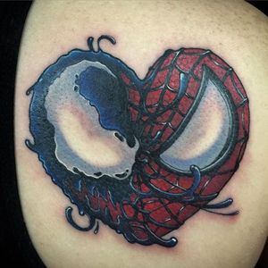 Spiderman/Venom heart tattoo by Chris Sparks. #heart #popculture #ChrisSparks #Spiderman #Venom