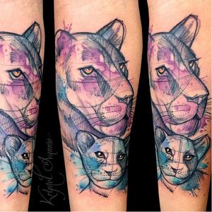 Mother and cub tattoo by Krystel Ivannie #lioness #lion #KrystelIvannie #cub #watercolor #sketch