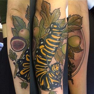 Tatuaje neo tradicional de oruga y fruta de Jasmin Austin.  #insecto #larve #fruta #fig #neotraditional #JasminAustin