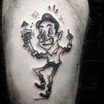 Dancing cartoon man with cocktail, cool tattoo by Tommy Lee. #Tommylee #109 #illustrativetattoo #blacktattoo #cocktail #dance #buzzed