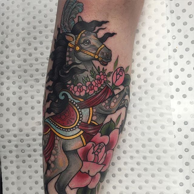 Neotraditional horse done by Shantelle at Bold Statement Tattoos in  Georgetown Ontario Canada  rtattoos