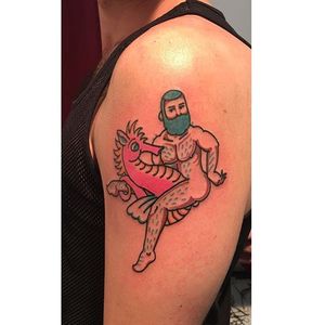 Big boy pin up tattoo by Jamie August. #JamieAugust #pinup #bigboypinup #man #pinupman #seahorse #trad #traditional #traditionalamerican