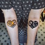 Matching tattoos by Woo Loves You #WoohyunHeo #WooLovesYou #matchingtattoos #newtraditional #color #blackwork #cat #kitty #heart #love #minimalist #small #tattoooftheday