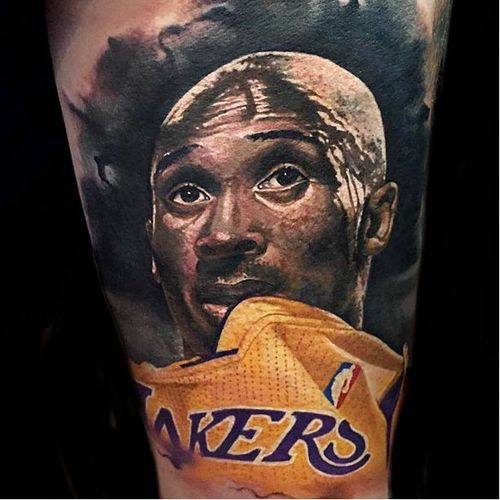 Realistic Portrait Tattoo of Kobe Bryant by Benjamin Laukis #portrait #KobeBryant #BenjaminLaukis #realistic #realism #NBA #basketball #Lakers