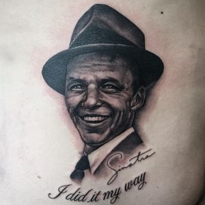 Sinatra tattoo by Justin Weatherholtz #JustinWeatherholtz #musictattoos #blackandgrey #portrait #realism #realistic #FrankSinatra #singer #actor #script