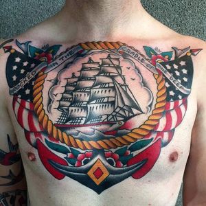 One of Mikey Holmes' (IG—mikeyholmestattooing) solid maritime tattoos. #Anchor #bold #clipper #colorful #American #Americanflag #MikeyHolmes #traditional