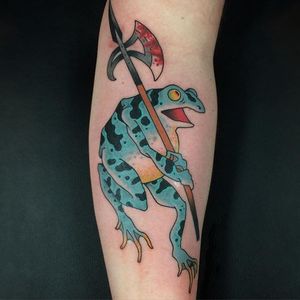 Axe Frog Tattoo by Fran Massino #frog #frogtattoo #japanese #americanjapanese #westernjapanese #japanesedesigns #traditionaltattoos #traditional #FranMassino