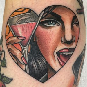 Pink Champagne by Guen Douglas #GuenDouglas #color #neotraditional #newtraditional #heart #portrait #lady #face #martiniglass #pink #hand #eye #drink #tattoooftheday