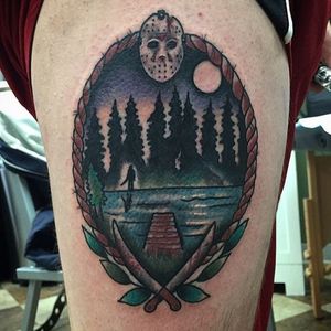 Traditional style Friday the 13th Camp Crystal Lake piece by Shane Murphy. #traditional #Fridaythe13th #CrystalLake #CampCrystalLake #horror #ShaneMurphy