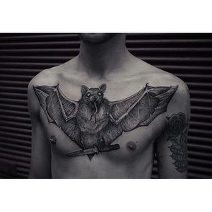 Blackwork bat tattoo by Robert Borbas. #RobertBorbas #Grindesign #bat #blackwork #horror #dark #dotwork #chestpiece