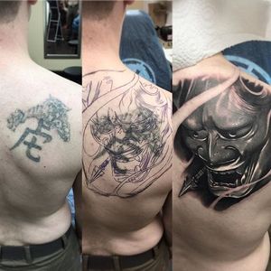 Black and grey hannya cover up by Chris Block. #coverup #hannya #hannyamask #blackandgrey #ChrisBlock