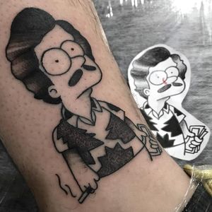 Pablo Escobarte tattoo by Felipe Fego #FelipeFego #portraittattoos #blackandgrey #BartSimpson #PabloEscobar #smoking #cigarette #money #TheSimpsons #mustache #cartoon