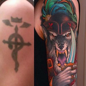 Cover up tattoo by Peter Lagergren. #PeterLagergren #neotraditional #wolf #coverup