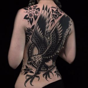 The Eagle Has Landed by Austin Maples #AustinMaples #blackwork #traditional #blackandgrey #rose #flowers #eagles #pattern #feathers #wings #backpiece #eagle #tattoooftheday