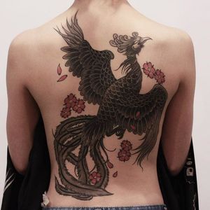 Blackwork phoenix tattoo by WookJuun Lee. #WookJuunLee #MadamTattooer #Madam #blackwork #bird #phoenix #backpiece