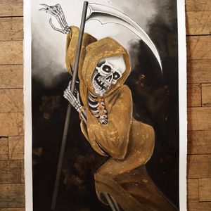 Frankie Caraccioli's Klimt inspired "Reaper in Gold" at the Goobye art show (IG—death_cloak). #artshow #fineart #FrankieCaraccioli #Goodbye #KingAvenueTatoo #reaper