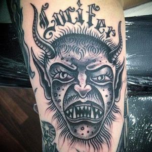 LUCIFER - crazy demon head tattoo done by Simon Erl. #SimonErl #blackwork #traditionaltattoos #blacktattoos #DHARMAtattoo #lucifer #demonhead