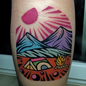 Camping tattoo by Eugene aka Dusty Past #Eugene #DustyPast #besttattoos #color #newtraditional #woodblockstyle #etching #moon #mountains #fire #tent #camping #landscape #tattoooftheday