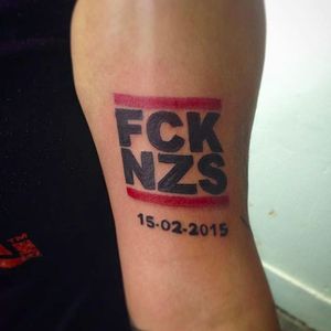 Fuck Nazis tattoo by Ingrid Häxan (via IG -- vurdalakacid_) #IngridHaxan #antiracist #antiracisttattoo #antiracism #antiracismtattoo