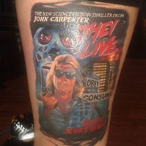 Color realism movie poster They Live tattoo by Alex Wright. #realism #colorrealism #TheyLive #obey #alien #AlexWright
