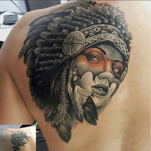 One of the best cover-ups we've ever seen via Vasily Suvorov (IG—tattoo_suvorov). #blackandgrey #coverup #ladyhead #NativeAmerican #VasilySuvorov