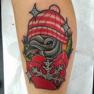 Beanie wearing penguin to keep out the cold. Tattoo by Joshua Hilliard. #neotraditional #penguin #bird #snowflake #JoshuaHilliard