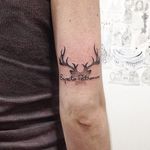 Expecto Patronum dotwork tattoo by Tathi Campos. #harrypotter #hp #popculture #book #film #minimalist #subtle #simple #patronum #spell #dotwork #antlers #tathicampos
