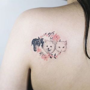 Gang's all Here via instagram soltattoo #dog #cat #Cattoo #pet #petportrait #flowers #color #microtattoo #soltattoo