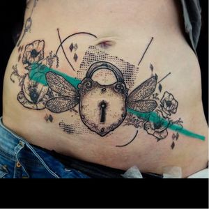 Padlock tattoo by Köfi #Köfi #graphic #contemporary #padlock #flower #dragonfly #blueink