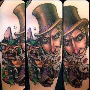 An unusual old school tattoo suits the kookiness of Wonka's character. Photo by Kelly Doty #WillyWonka #RoaldDahl #chocolate #movie #retro #childhood #newschool