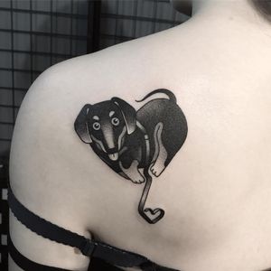 Weiner Dog tattoo by BBrung #BBrung #dogtattoos #blackandgrey #newtraditional #dog #daschund #weinerdog #petportrait #heart #cute #animal