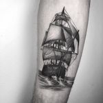 Ship at sea tattoo by Nathan Kostechko #NathanKostechko #blackandgrey #illustrative #ocean #ship #boat #waves #sails #sea #detailed #linework