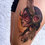 Warrior Woman tattoo by Matt Tischler #MattTischler #color #neotraditional #ladyhead #lady #portrait #nativeamerican #warrior #warpaint #jewelry #pearls #feathers #sun #light #tattoooftheday