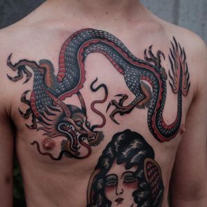 Dragon chest tattoo by Ivan Antonyshev #IvanAntonyshev #besttattoos #color #traditional #Japanese #mashup #dragon #beast #folklore #magic #ladyhead #chestpiece #chesttattoo