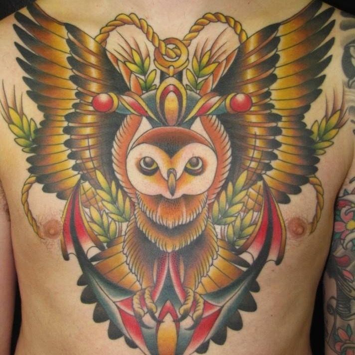 owl clock chest tattoo