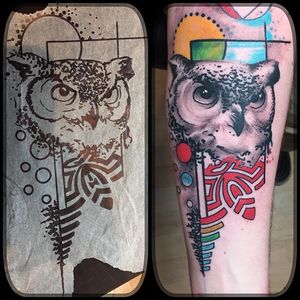 Super nice geometric owl tattoo done today by Wolf. #charmedlife #baltimoretattooartist #animalink #blackandgrey #animal #tree #colorbomb #owl #geometric