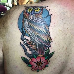 Midnight owl...first tattoo. Thanks for flying down! Nice tattoos for nice people. #owl #americana #bird