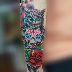 Tattoo done by Allen Espinoza #redshorestattoo #texas #owl #sugarskull #rose