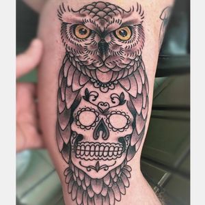 Got a nice little start on this one today. I used a black wash I made. Larry Shaw gave me a bottle of Papillon Black years ago and when I almost ran out I made a wash bottle. Best pre-mixed grey was I have ever used! #cleantattooing #blackworkers #3rdgenerationink #owltattoo #owl #owls #dayofthedead #dayofthedeadtattoo