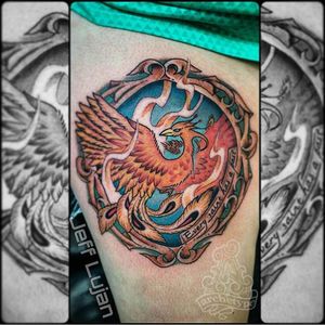 Jeff Lujan did this amazing Phoenix thigh piece! If you're interested in getting work done by Jeff, DM him, or stop in the shop and get a consultation!  see you soon... #phoenix #thigh