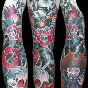 #traditional #sleeve #pirate #skull #rose #tattoo