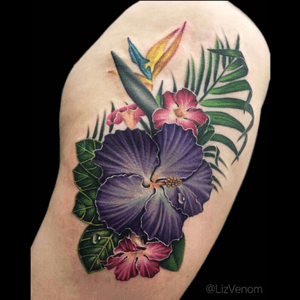 A #tropical thigh piece I did at the #pasadena tattoo convention in January. #california #hibiscus #fern #leaves #paradise #birdofparadise #desertrose #tropics #botanical #floral #flowers #thigh #amazing #beautifultattoo #beautifultattoos #girlswithink #color #colour #ColorfulTattoos #colourful #lizvenom #canada #bombshelltattoo 