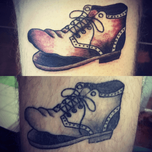 Freshly done (top) and #healed (bottom) #traditional boot tattoo done using my #axysrotary at #newhavencountytattoo. #gettattedbyizzy