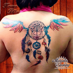 Watercolor dreamcatcher with wings#tattoo #marianagroning #karmatattoo #cdmx #MexicoCity #watercolor #watercolortattoo #watercolortattooartist #dreamcatcher 