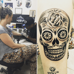 Tattoo from Belize😍 #skull #skulltattoo #belize #sugarskull #blackandgrey #forearmtattoo 