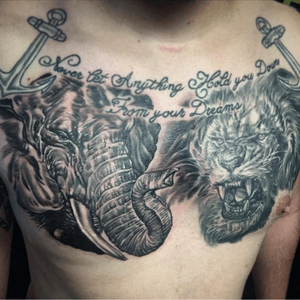 Chest tattoo and yes my nipple is blacked out. #lion #liontattoo #heartofalion #elephant #elephanttattoo #animaltattoos #blackAndWhite #dope #chestpiece #chesttattoo 