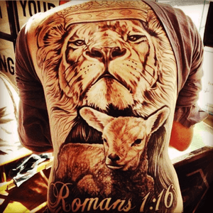 Incredible back piece #artistinknown #lambs #turn #into #lions #romans116 #116 #bible #religioustattoo #king #color #fullback #incredible #awesome #epic #amazing #mine #next