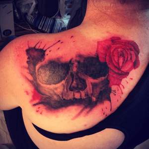 Cover up with skull and rose with a watercolour splash 